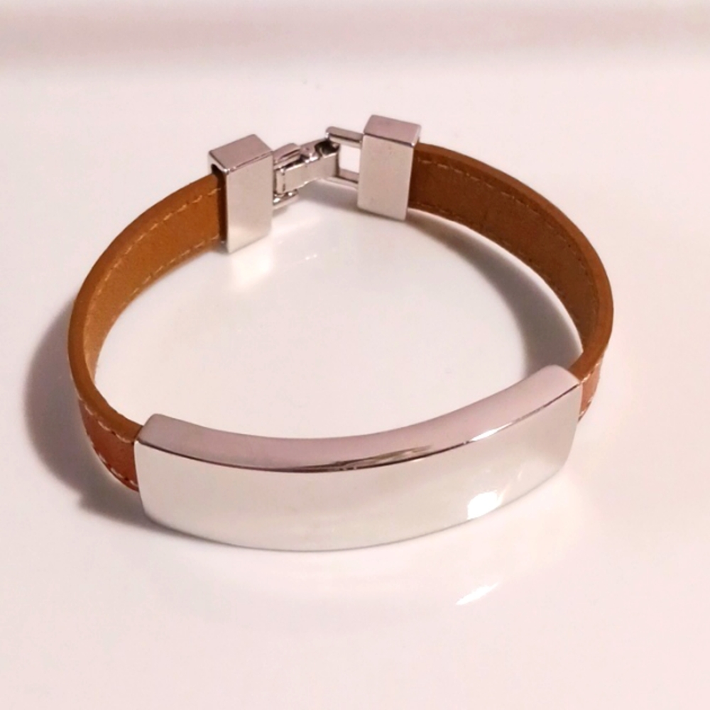 Beautiful Silvertone Genuine Leather I.D. Bracelet